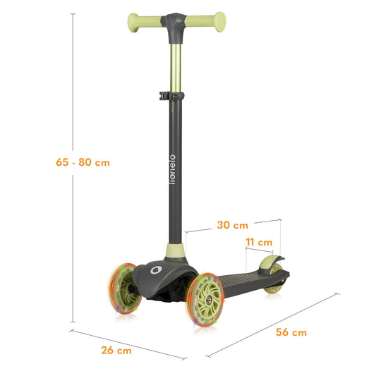 LIONELO JESSY kids scooter with LED wheels, adjustable height, non-slip platform, and three wheels for stability.