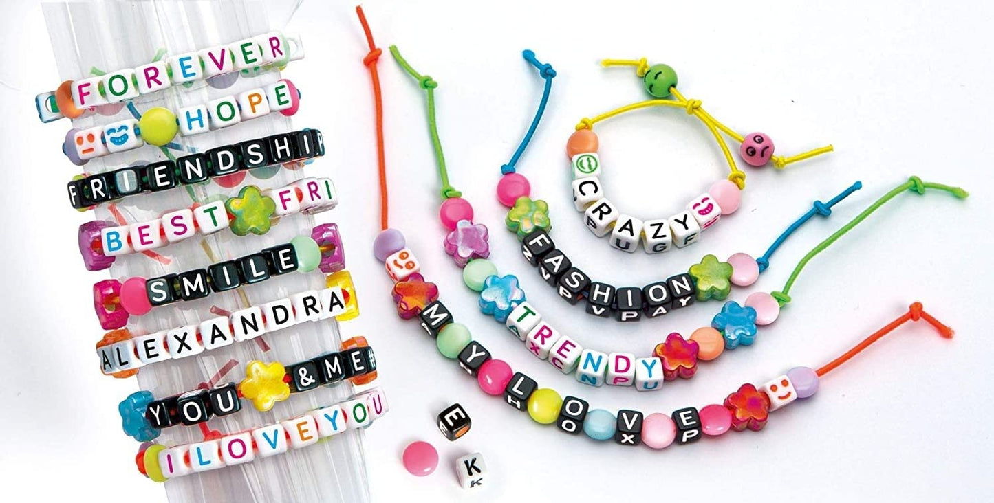 Colorful Clementoni Crazy Chic message bracelet with letter beads and charms for creative jewelry making, suitable for ages 7 and up.