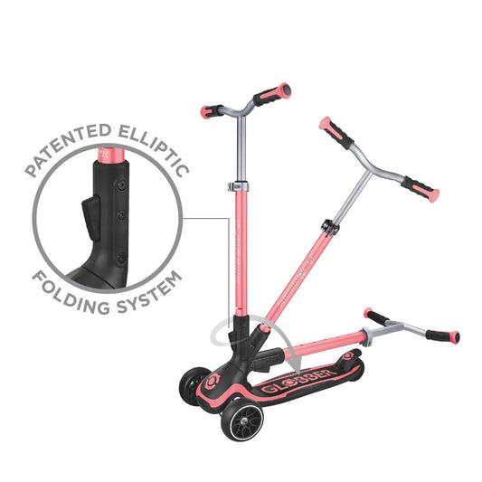 Globber Ultimum 3 wheel scooter in coral pink, featuring adjustable height, wide deck, and patented steering system.