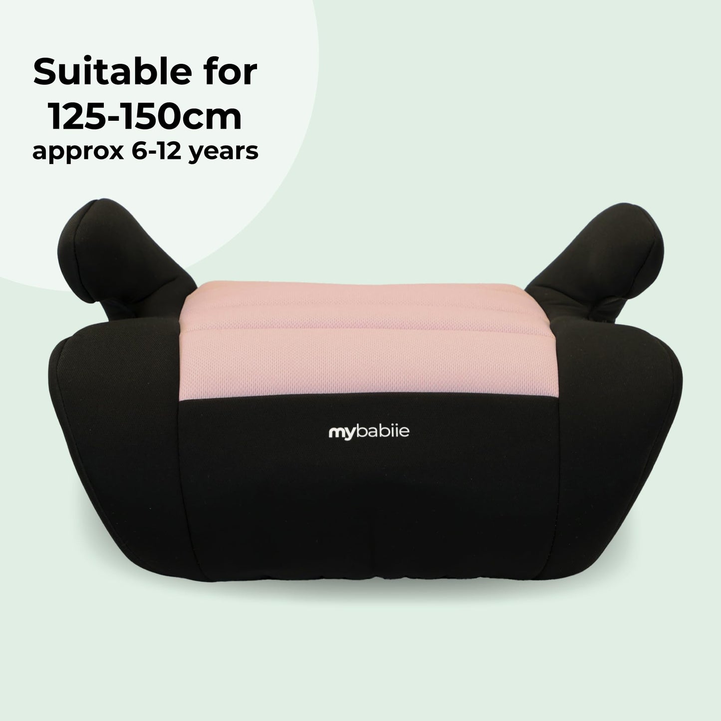 My Babiie Booster Lite R129 Car Seat - Lightweight at 1kg, Approx. 6-12 Years (125-150cm, 22-36kg), i-Size Backless Child Car Seat, Group 3, Compact, Portable, Ideal for Travel - Pink & Black