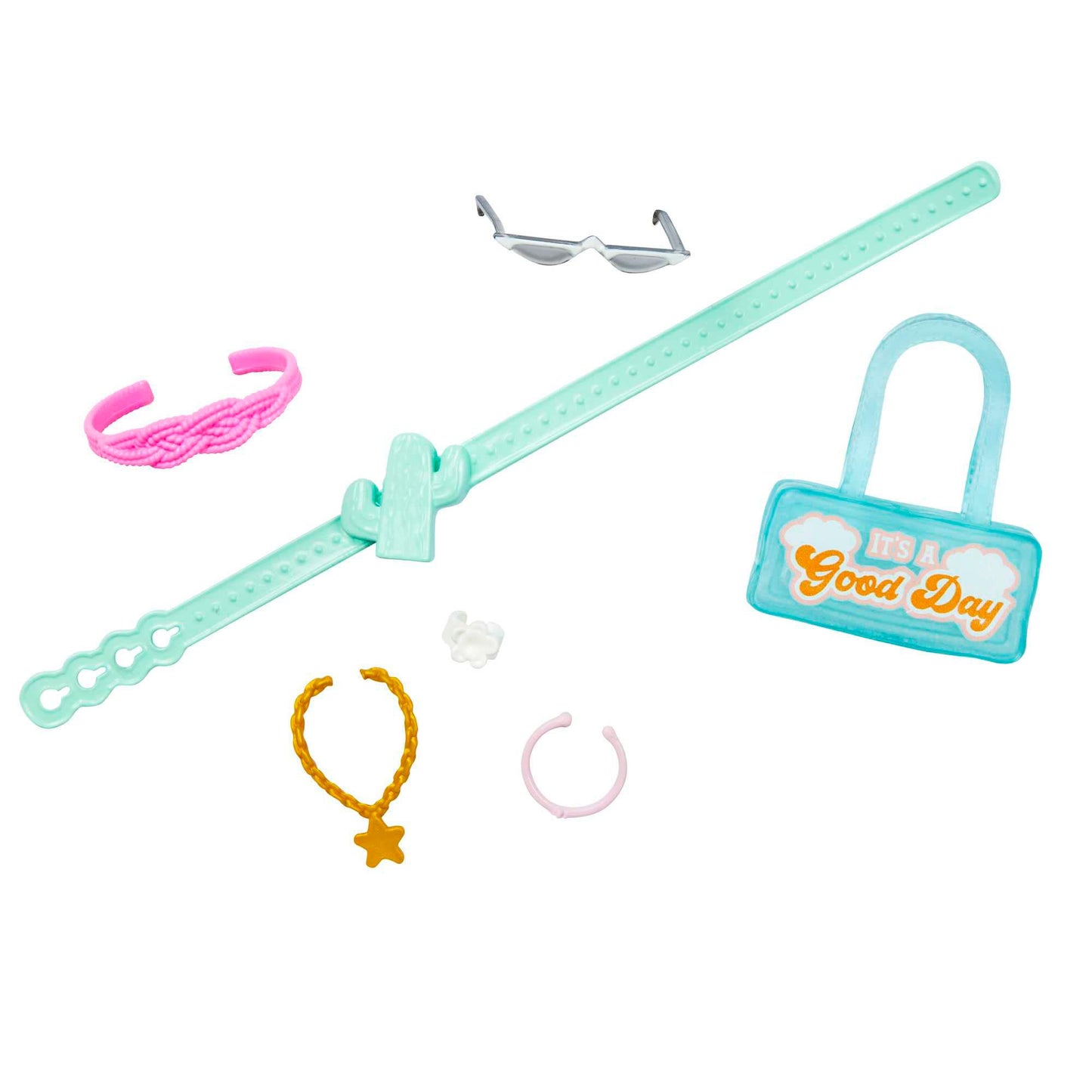 Barbie doll in a trendy pink jumpsuit with storytelling accessories and a brown ponytailed puppy.