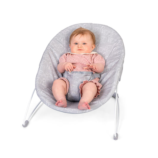 Red Kite Bambino Bouncer in grey fabric with a supportive seat and safety harness for soothing and relaxing baby comfort.