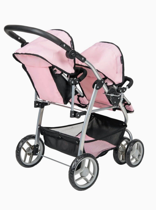 Silver Cross Twin Wave Dolls Stroller, Pink and Black Double Pushchair with Silver Frame, Age 3+, 67L x 46W x 73H cm