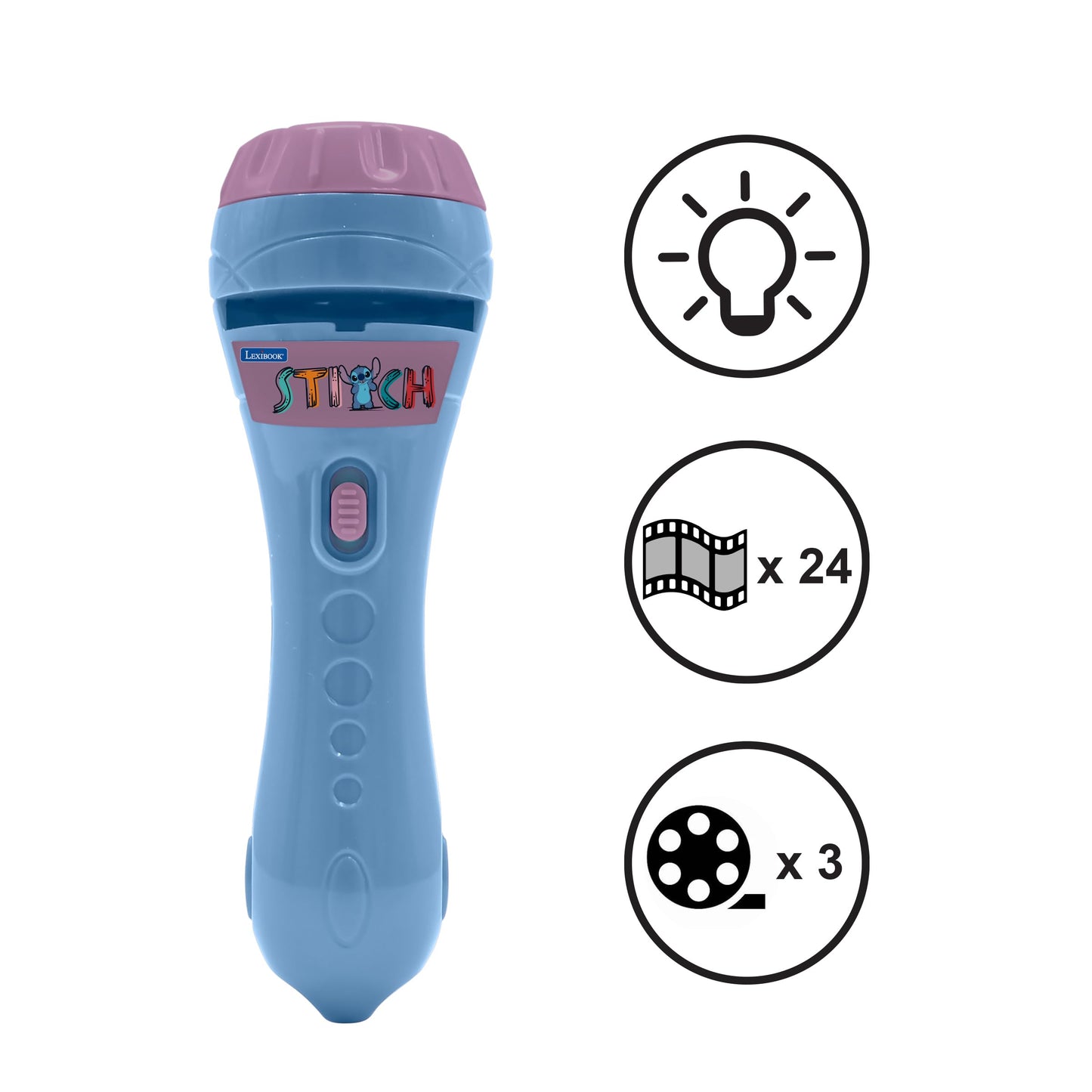 LEXIBOOK - Disney Stitch - Stories projector, torch light and projector with 3 discs, 24 images, create your own stories, LTC050D