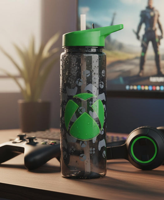 Hox Xbox 600ml leak-proof water bottle with straw, flip spout, carry loop, BPA-free, dishwasher safe, green Xbox logo design.
