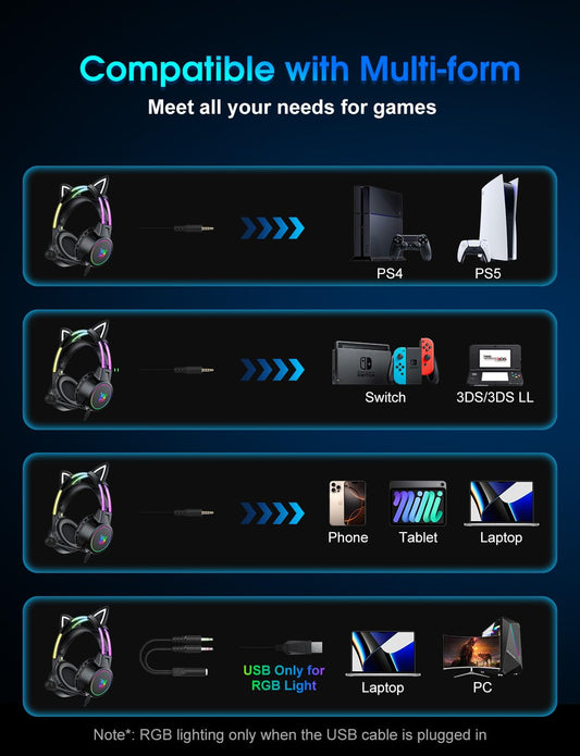 ONITOON lightweight gaming headset with removable cat ears, gradient RGB lighting, wired design, and noise-canceling microphone.