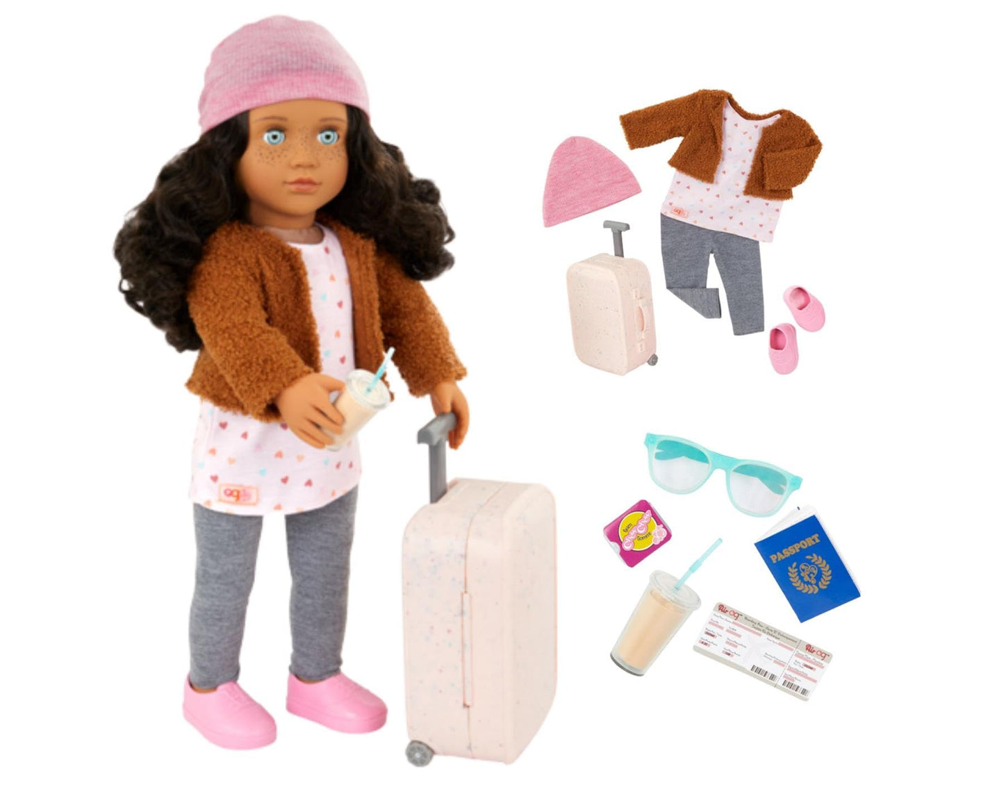 Our Generation Lisandra 18-inch travel doll with rolling luggage, realistic features, and travel accessories.