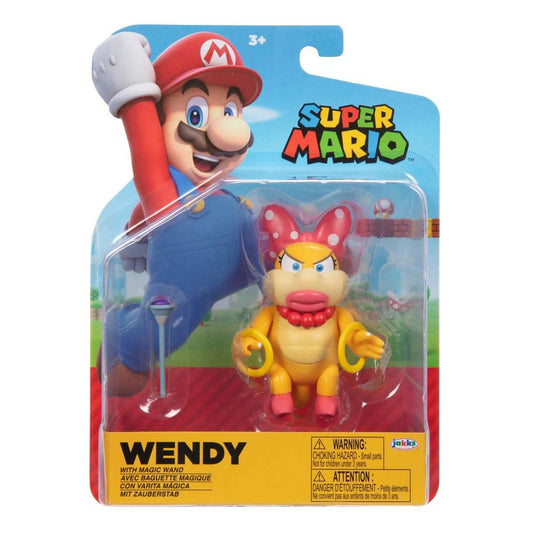 Super Mario World of Nintendo 4-inch Wendy Koopa figure with wand from the Super Mario series, detailed character toy.