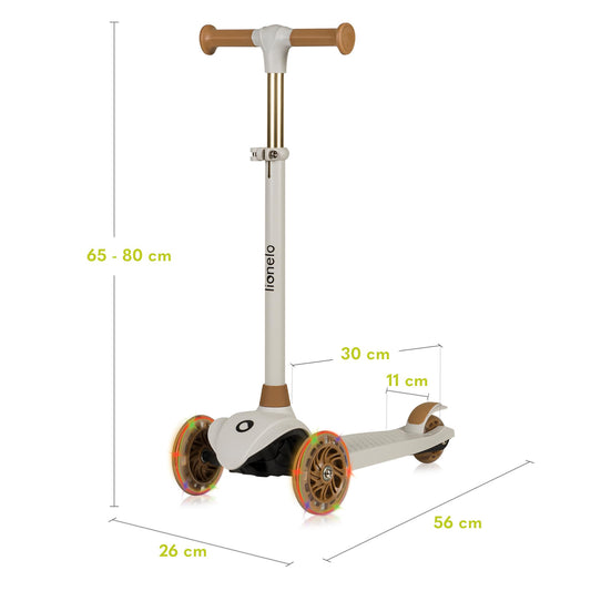LIONELO JESSY kids scooter with LED light-up wheels, height adjustable, non-slip platform, and lightweight design.