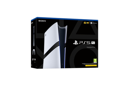 PlayStation 5 Pro gaming console with sleek black design and digital disc drive, shown from a front-facing angle.