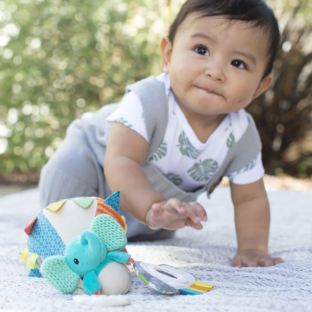 Infantino Go Gaga Playtime Pal hot air balloon sensory toy with clip, mirror, teether, and clacker for newborns on prams or pushchairs.
