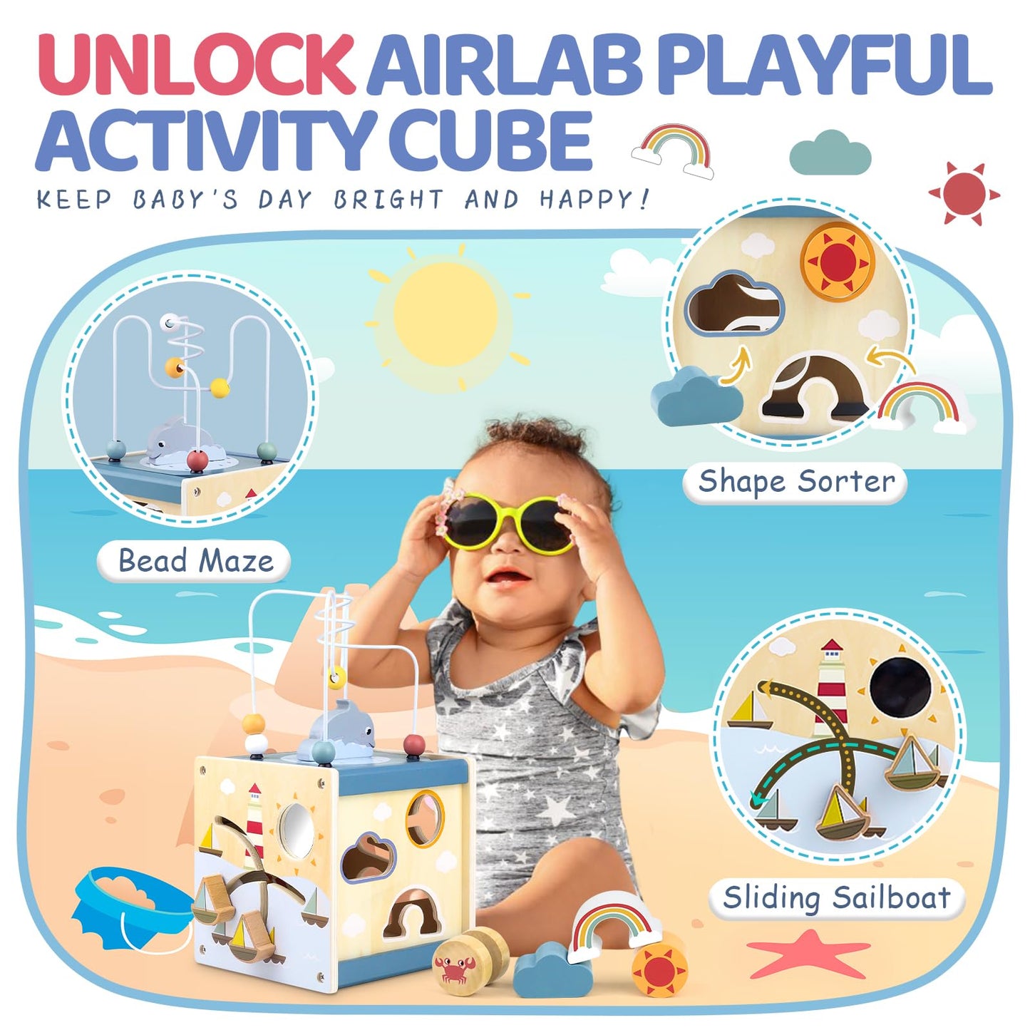 Airlab wooden activity cube with bead maze and shape sorter designed for babies aged 1 to 3, educational Montessori sensory toy.