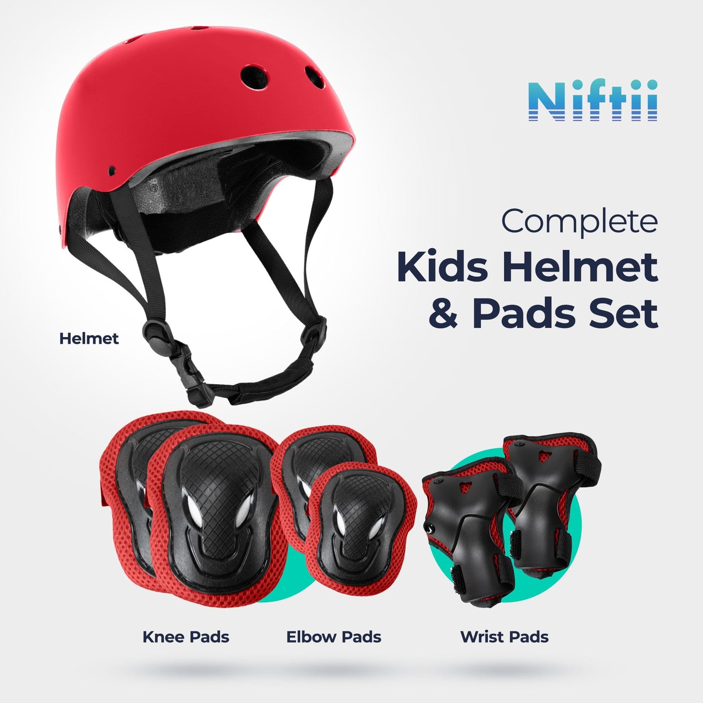 Niftii Kids Helmet with Pads - Adjustable Multi-Sport Complete Safety Gear for Cycling, Skateboarding & Scooting - Ideal for Boys & Girls Ages 3-15 - Kids Bike Helmet Set, Red
