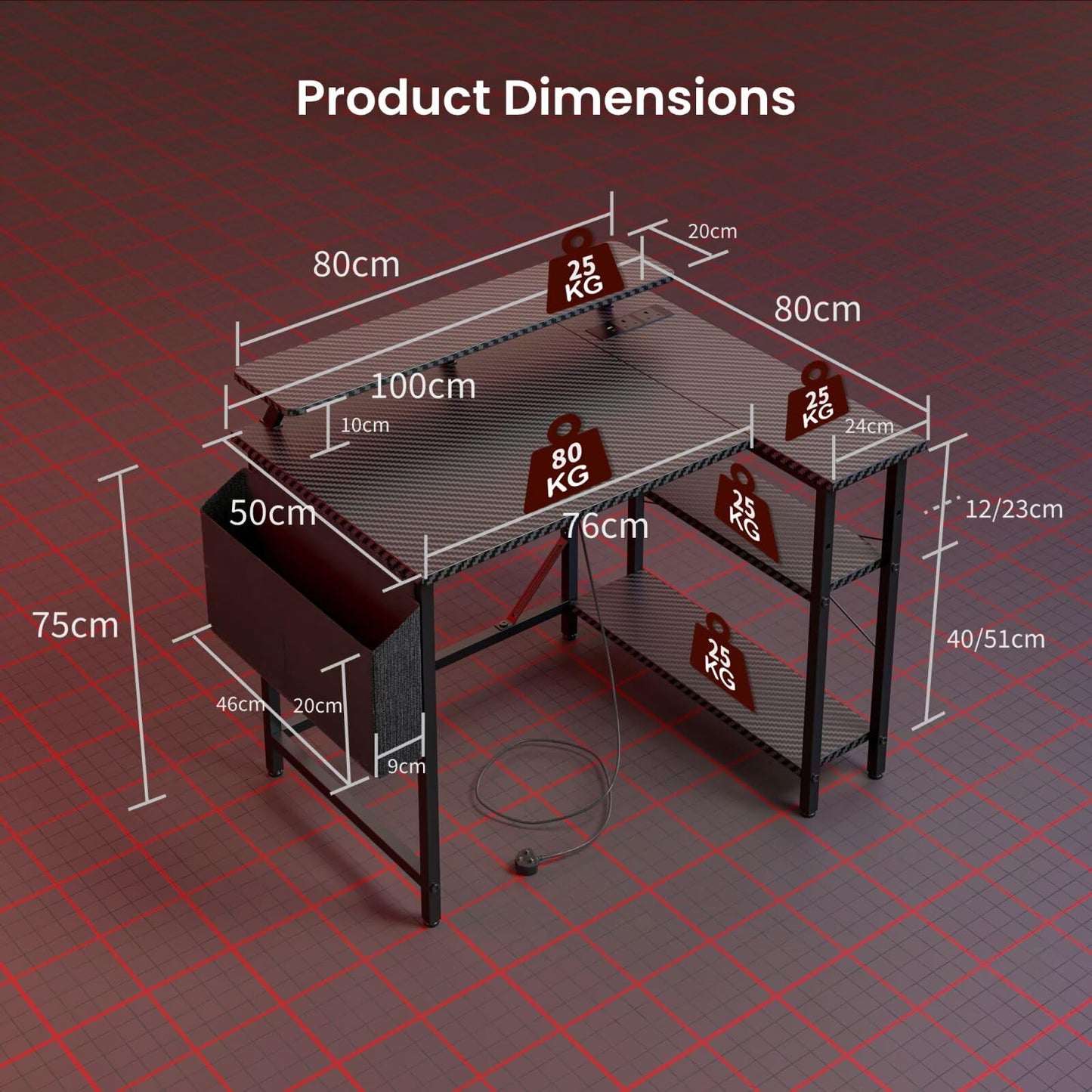 DOMSHOCT L-shaped gaming desk with LED lights, monitor stand, storage bag, adjustable shelves, and power outlets in carbon black.