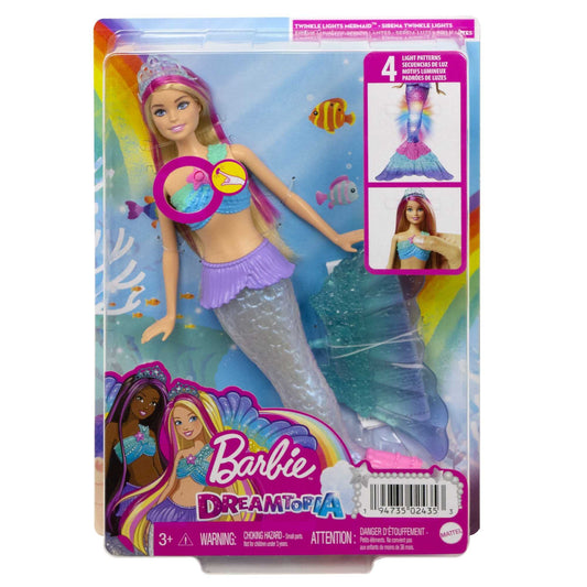 Mermaid Barbie Doll with pink-streaked hair and light-up tail, featuring water-activated twinkle effects in a playful pose.