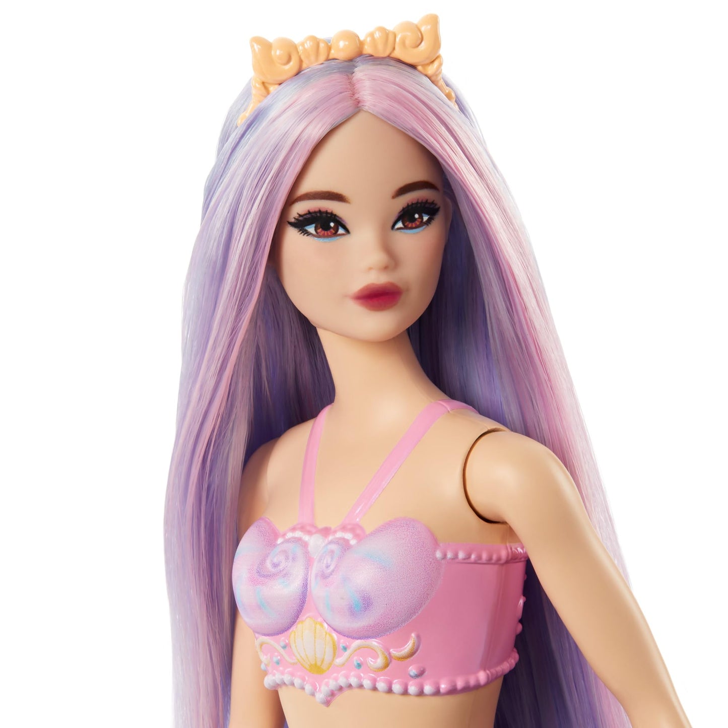 Barbie mermaid doll with pink and lilac hair, shell bodice, and lavender tail, wearing a matching headband accessory.