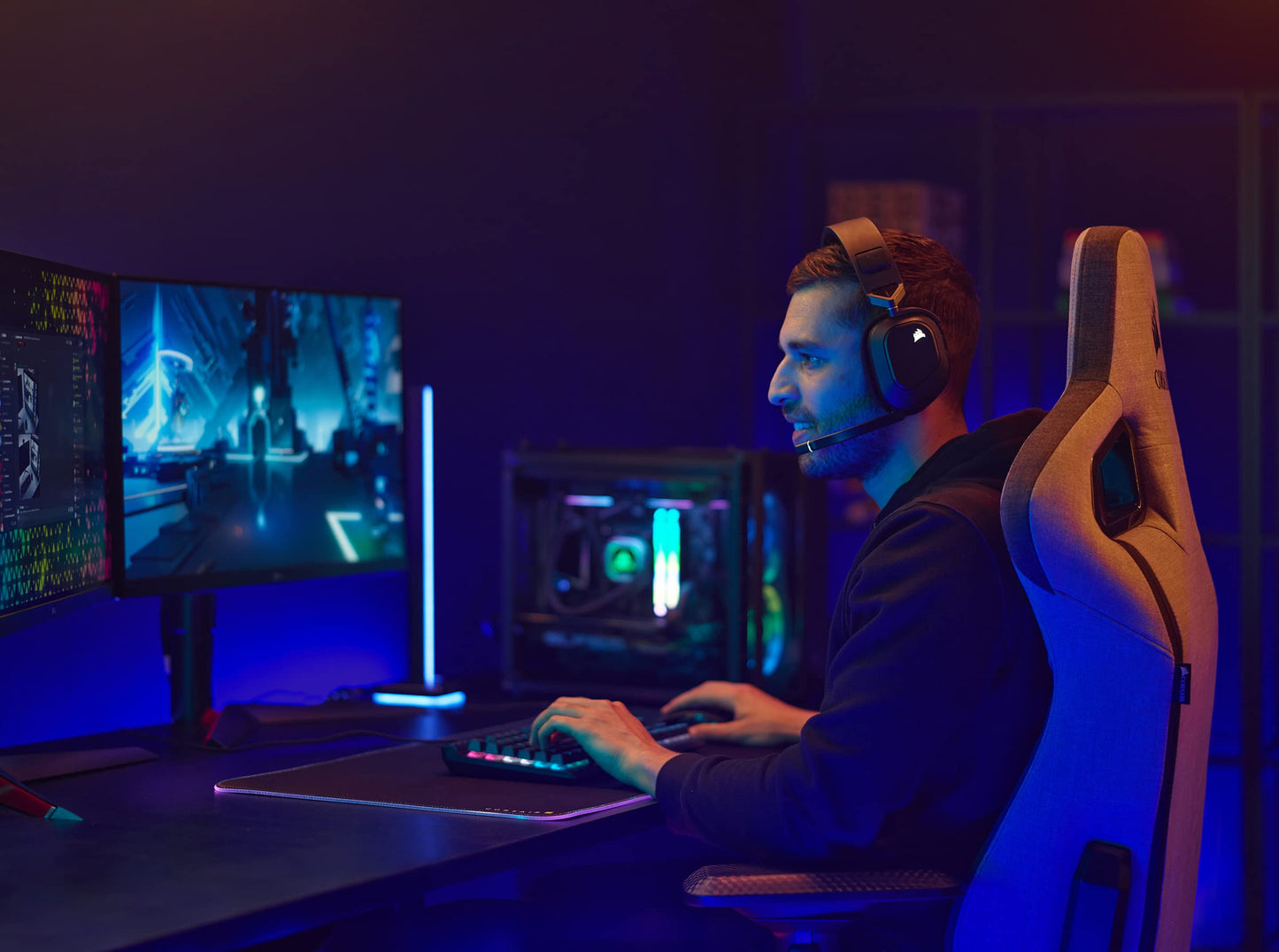 Corsair HS80 RGB wireless gaming headset with Dolby Atmos, omni-directional mic, and carbon design for PC, Mac, PS5, and PS4.