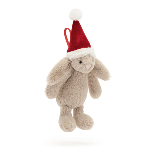 Jellycat Bashful Christmas Bunny decoration, soft plush toy, 13 cm tall with floppy ears and festive holiday design.