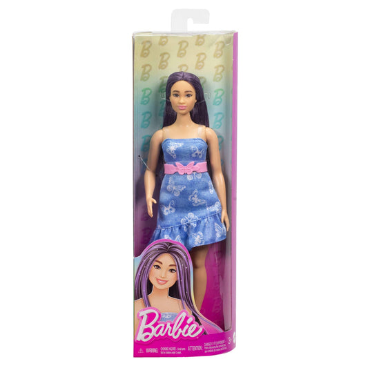 Barbie Fashionistas Doll #231 with purple hair in a strapless denim butterfly-print dress, pink belt, and boots.