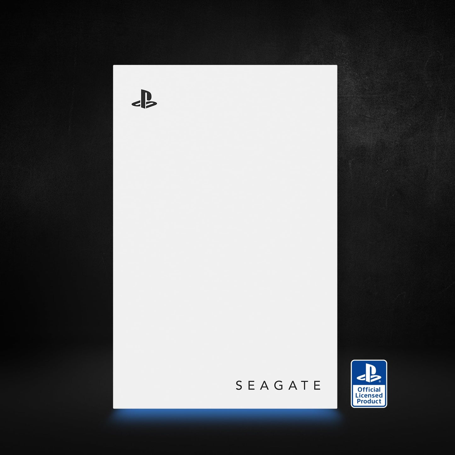 Seagate 5TB Game Drive for PS4/PS5 external HDD with blue LED, USB 3.0, officially licensed, featuring Playstation+ logo on the device.