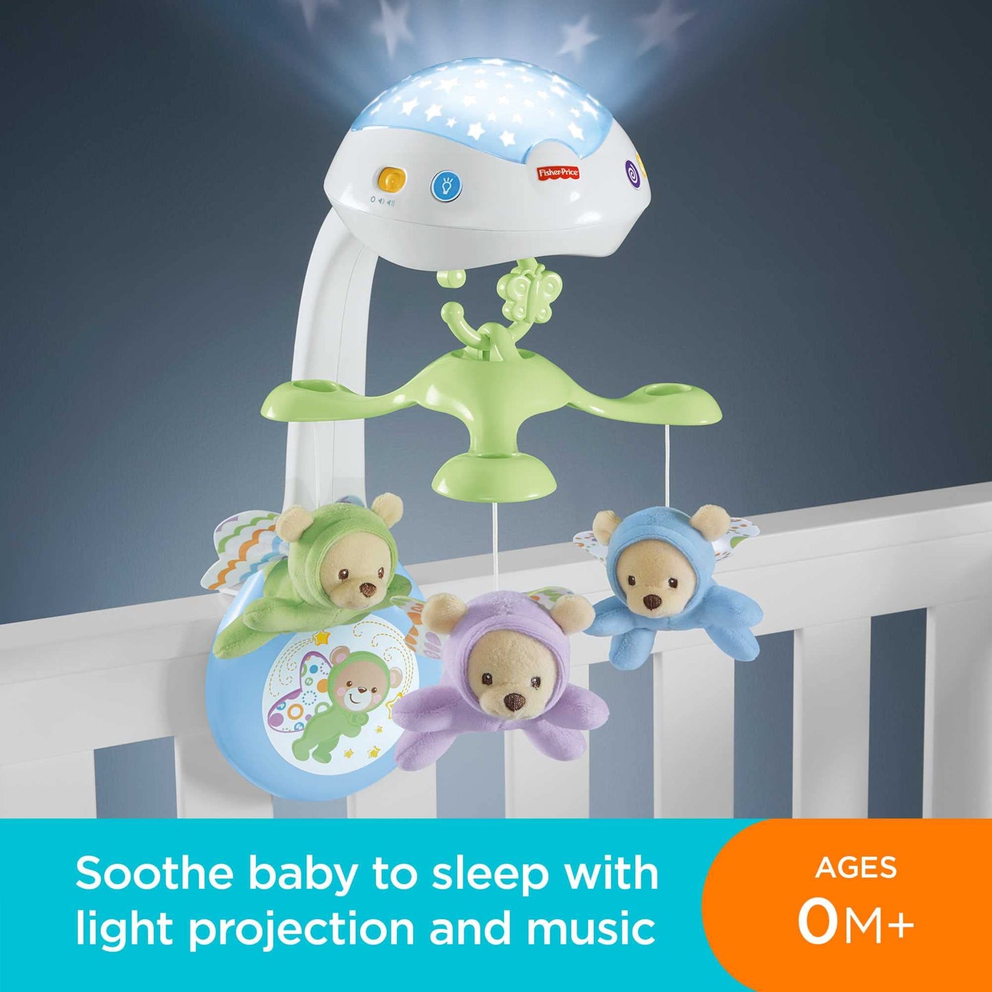 Fisher-Price Butterfly Dreams 3-in-1 Projection Mobile - Soothing Baby Sleep Aid with 3 Audio Modes and Plush Bears, Musical Cot Mobile, Tabletop Projector and Stroller Toy, Newborn Baby Toys, CDN41