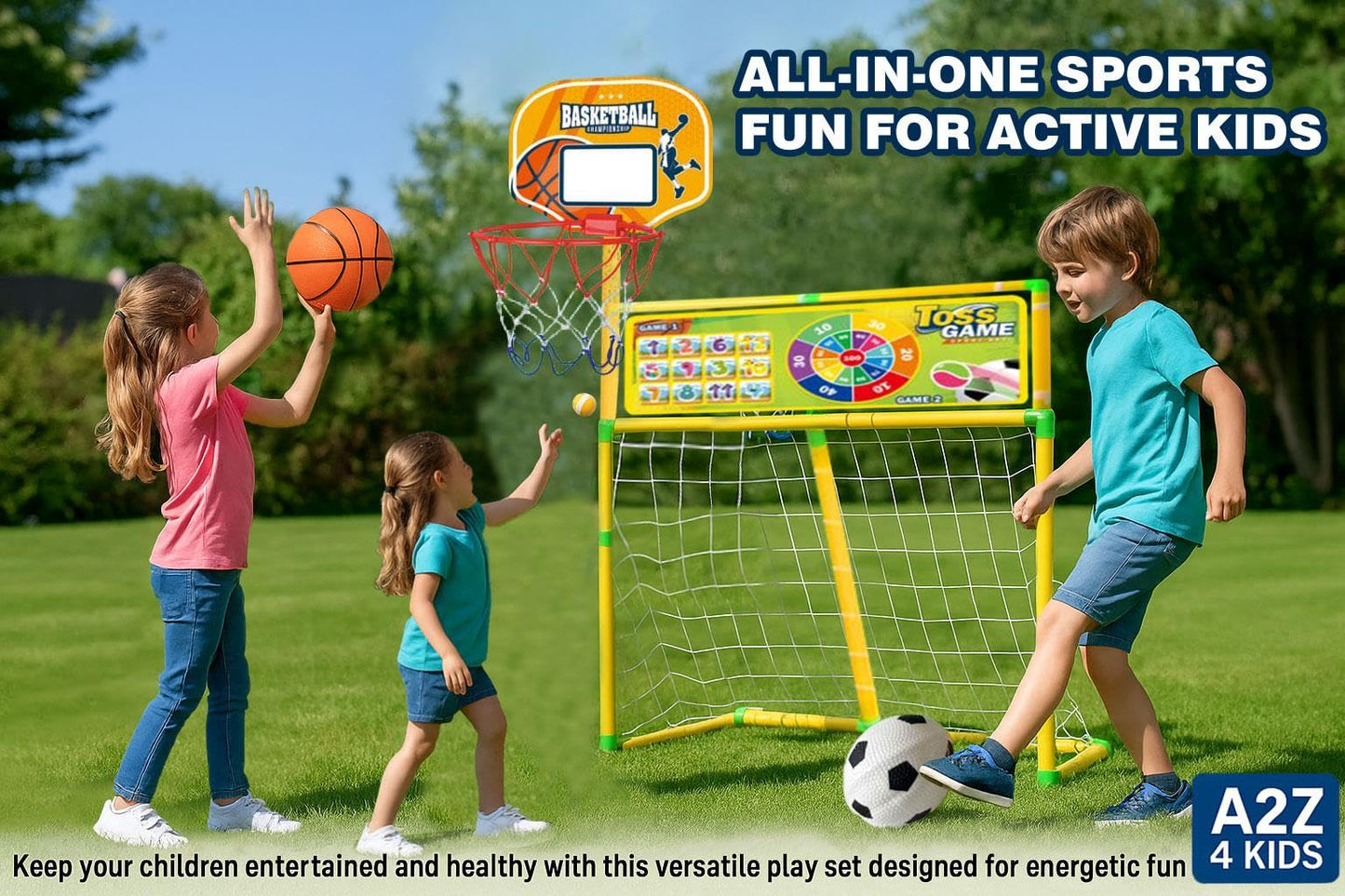A2Z 4 Kids 3-in-1 indoor outdoor toss game set with basketball hoop, football goal, target board, balls, and pump for active play