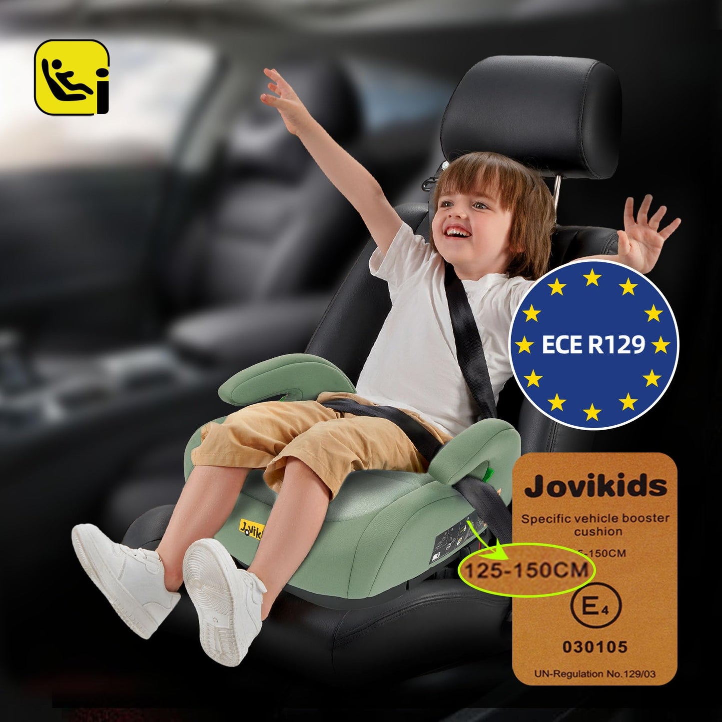 Jovikids I-Size Booster Seat for Car with ISOFIX, 125-150cm (Group 2/3, 6-12 Years), Portable Car Seats for Kids, Convenient for Everyday Use, Great for Travel, ECE R129 (Soft Green)