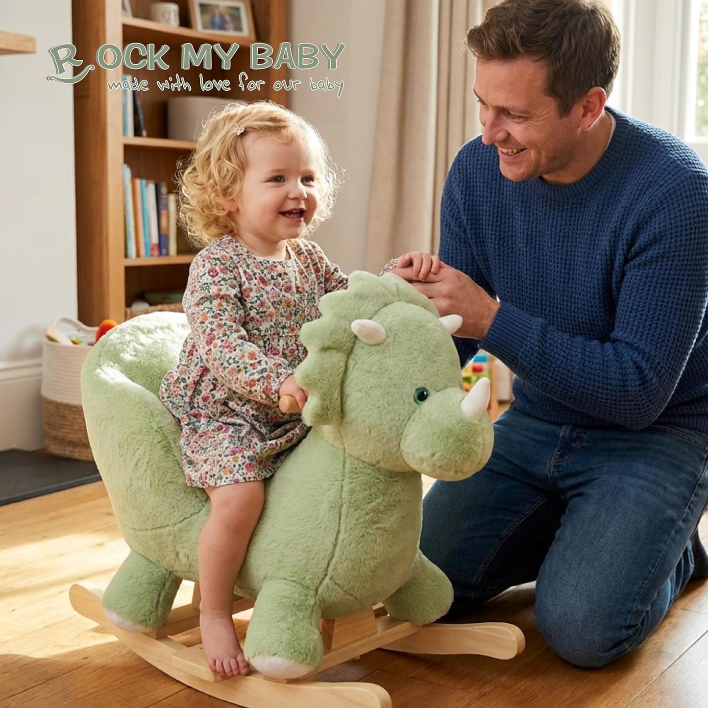 Rock My Baby Plush Rocking Horse - Soft Stuffed Body,Safety Seat Chair, Wooden Rockers, Music Button – Toddler Ride-On Toy for Ages 1–3 (green)