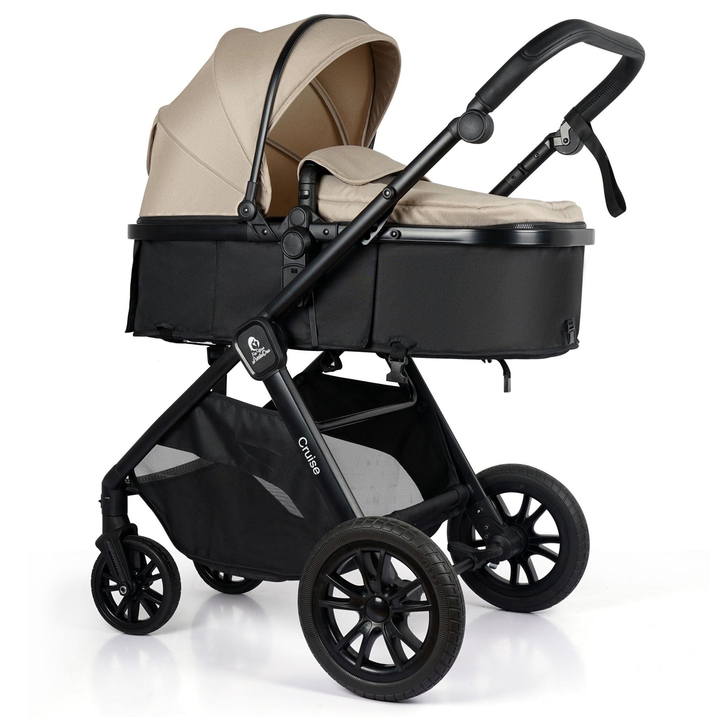 For Your Little One Cruise 3-in-1 Travel System with i-Size Car Seat, Stroller, 13kg Pram, Height Adjustable Handle, Pram, Newborn 0-4 Years Free Raincover and Cupholder (Dune Beige)