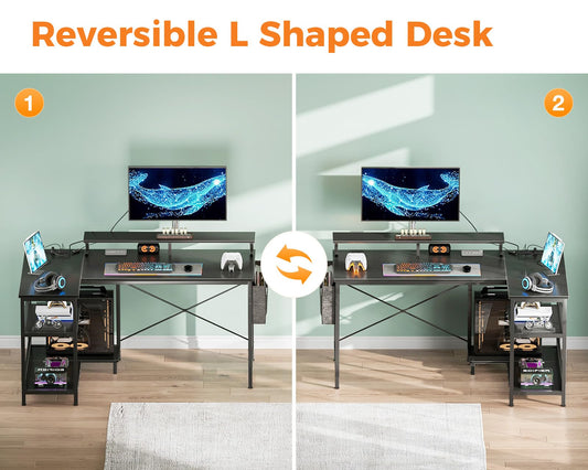 Black Coleshome L-shaped gaming desk with LED lights, spacious surface, storage shelves, monitor stand, and built-in power outlet.