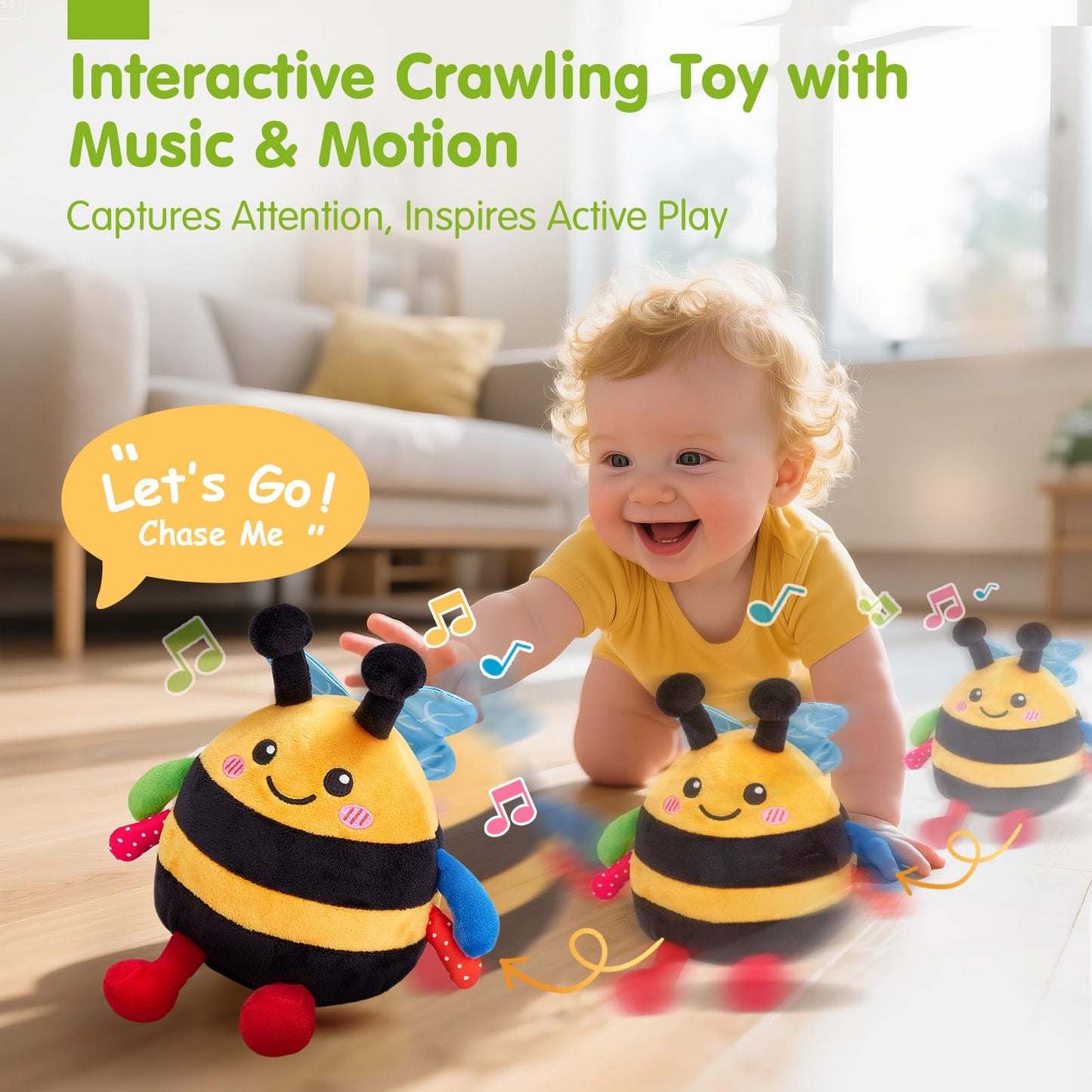 hahaland 4-IN-1 Dancing Bee Baby Toys 6 to 12 Months Boys & Girls Montessori Plush Interactive Sensory Tummy Time Toys, Musical Crawling Walking and Speaking Learning Gifts