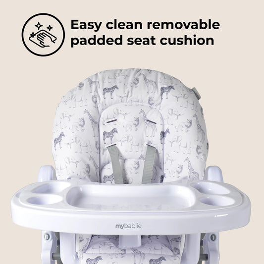 My Babiie MBHC8 Premium Highchair – Adjustable, 3 Recline Positions, 6 Height Settings, Removable Tray, Padded Seat, Foldable, for Toddler, from 6 Months to 3 Years (15kg) – Safari