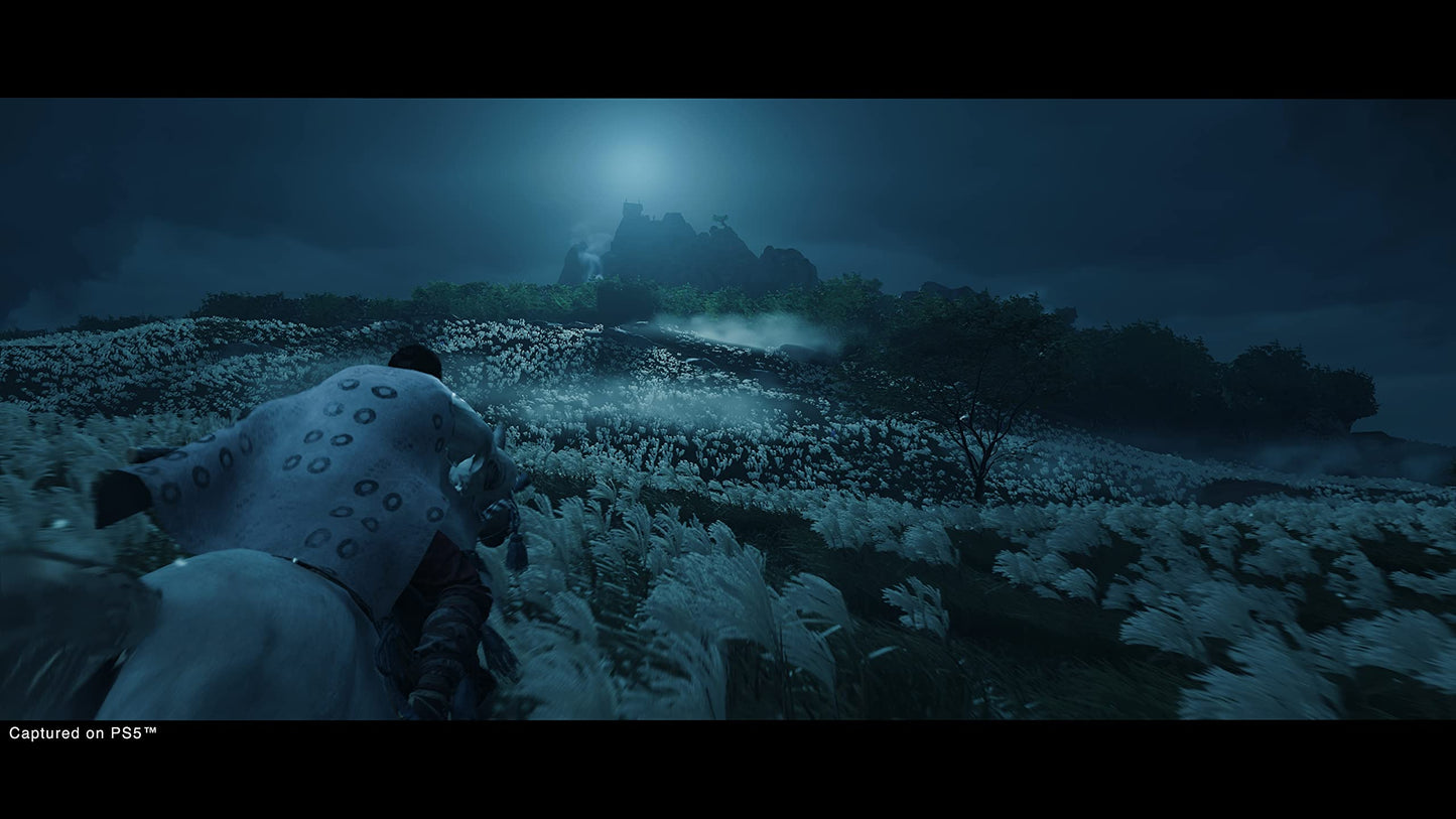 PlayStation Ghost of Tsushima Director's Cut game case for PS5 with cover art featuring samurai and landscape scene.