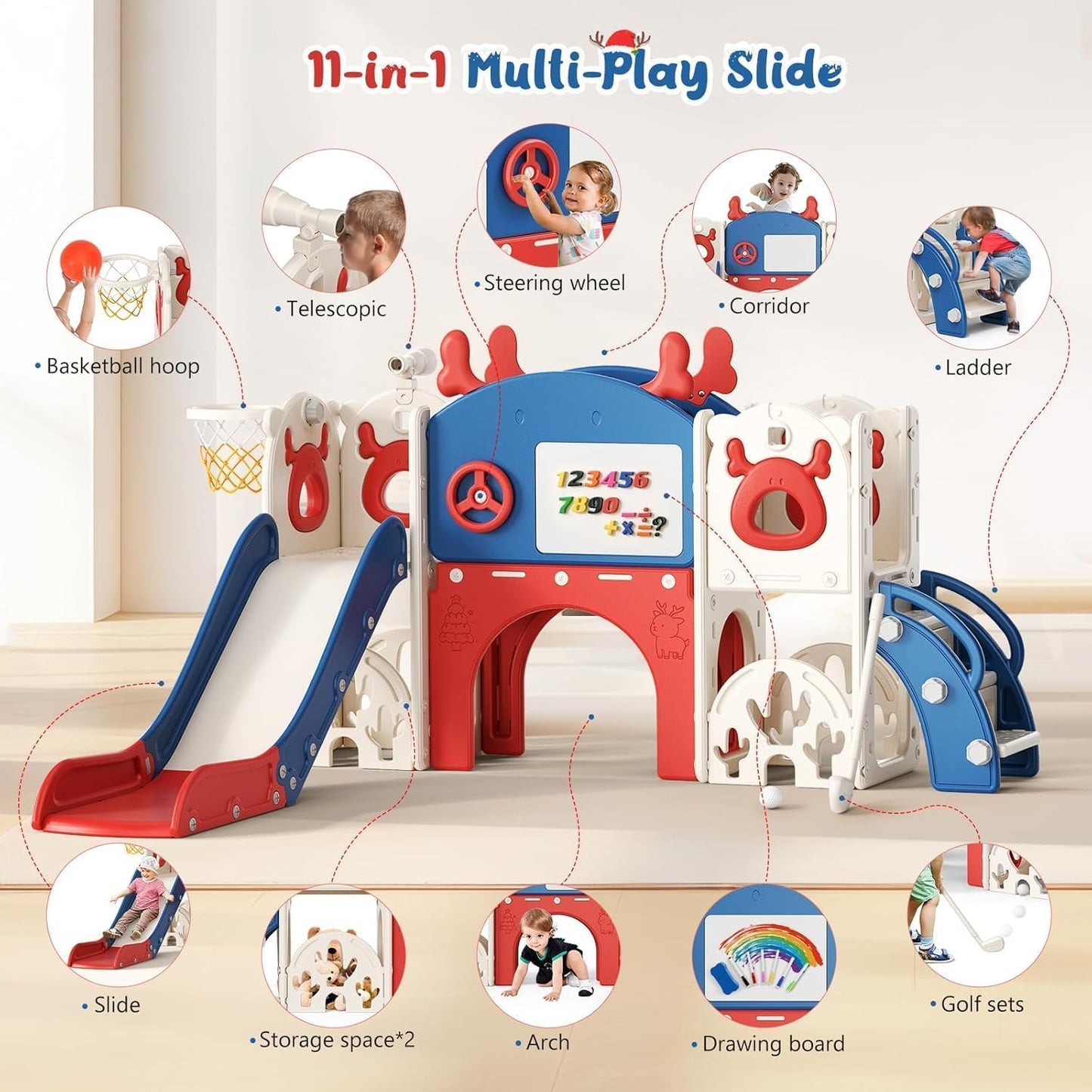 Kids Slide,Indoor Thickened Widened toddler slide with basketball hoop, climbing frame for the garden,storage space slide ((7-in-1 Elk Slide-Blue and Red))