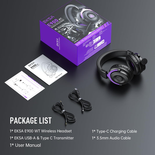 EKSA E900WT wireless gaming headset with microphone, noise canceling, 80-hour battery, USB, Bluetooth 5.4, and comfortable ear cups.