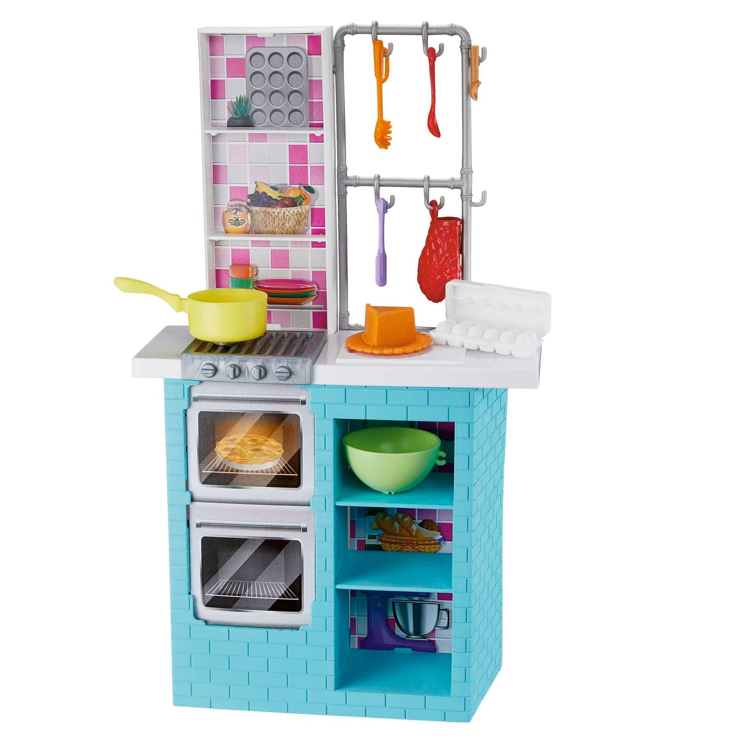 Barbie Sisters Baking Playset featuring Barbie and Chelsea dolls with kitchen pieces and accessories for kids aged 3 to 7.