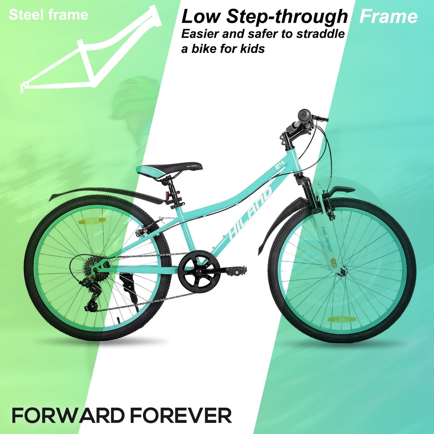 Hiland Mountain Bike 24 Inch, 7 Speed Boys Girls Mountain Bicycle with Suspension Fork V-brakes, 24 Inch MTB Mountian Bike for Kids, Mint Green