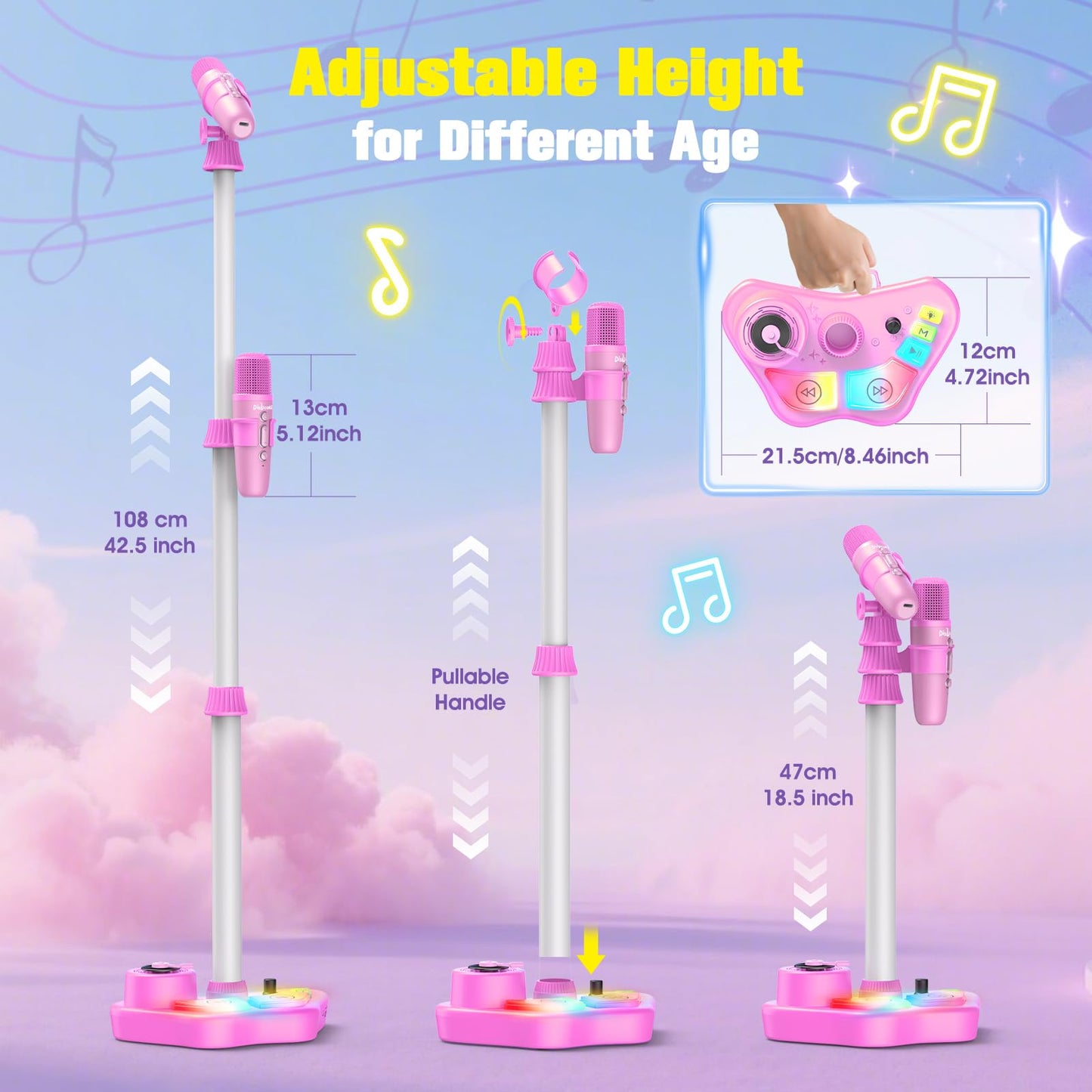 Dislocati Kids Karaoke Machine with 2 microphones, LED lights, Bluetooth speaker, and stand, designed for girls aged 3 to 10.