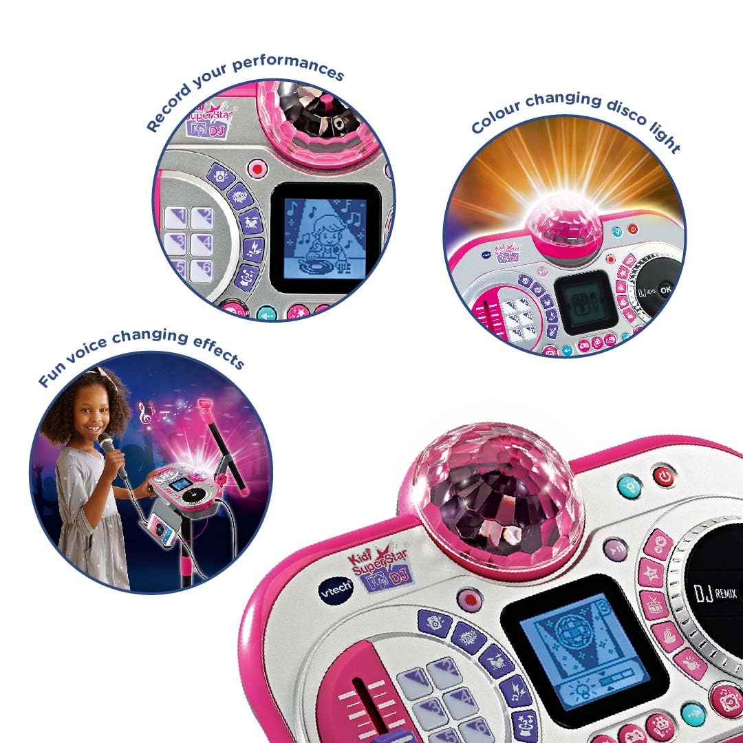 VTech Kidi Super Star DJ kids microphone toy with sound effects, adjustable stand, disco light, and musical game features.