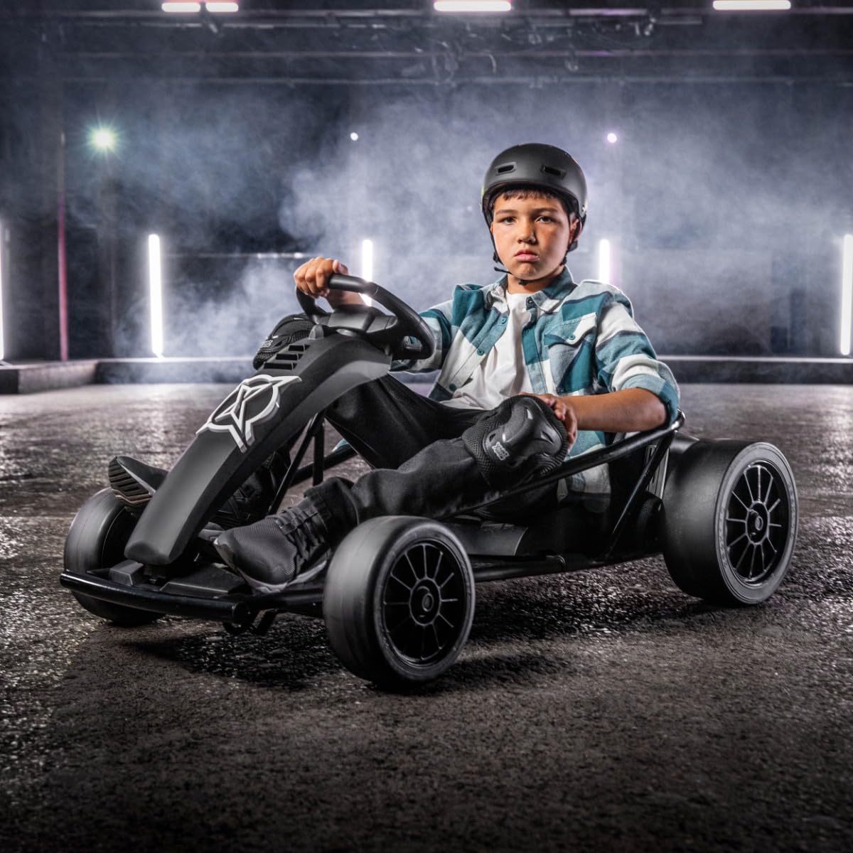 Xootz Comet Electric Go Kart, Kids Ride-On Racing Go Kart, 2 Speed with Drift Mode and Reversing, Steering Wheel, and Pedals, 2 x 12V Rechargeable Batteries, Custom, Black