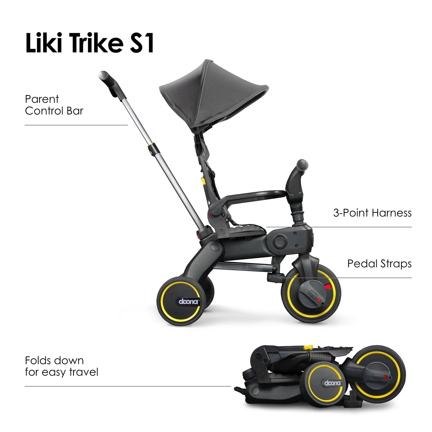 DOONA Liki Baby Trike S1 - Premium Foldable Toddler Tricycle with parent handle for ages 10 Months to 3 Years - Grey