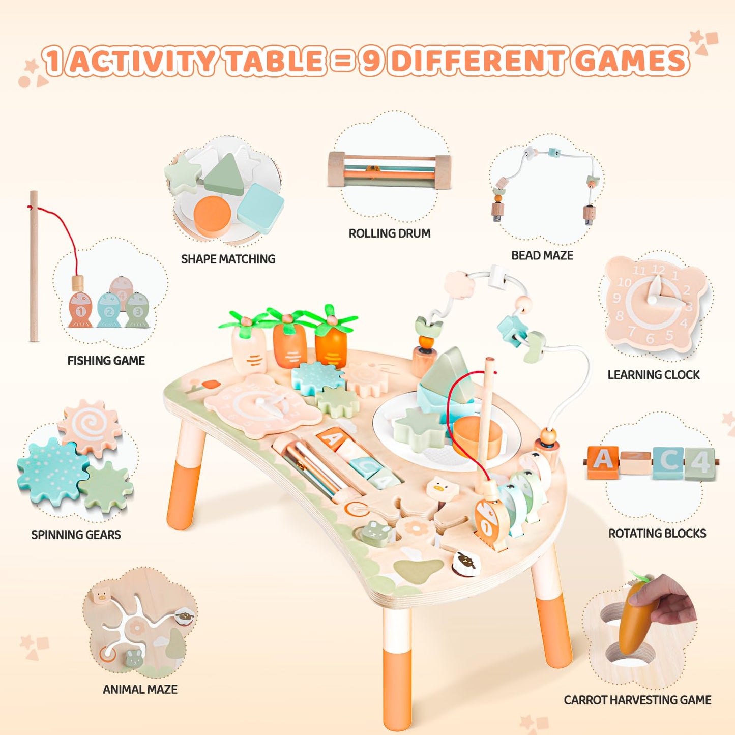 Hewaurorion 9-in-1 wooden activity table for toddlers, features shape sorter, bead maze, fishing game, and sensory play for 1+ year olds.