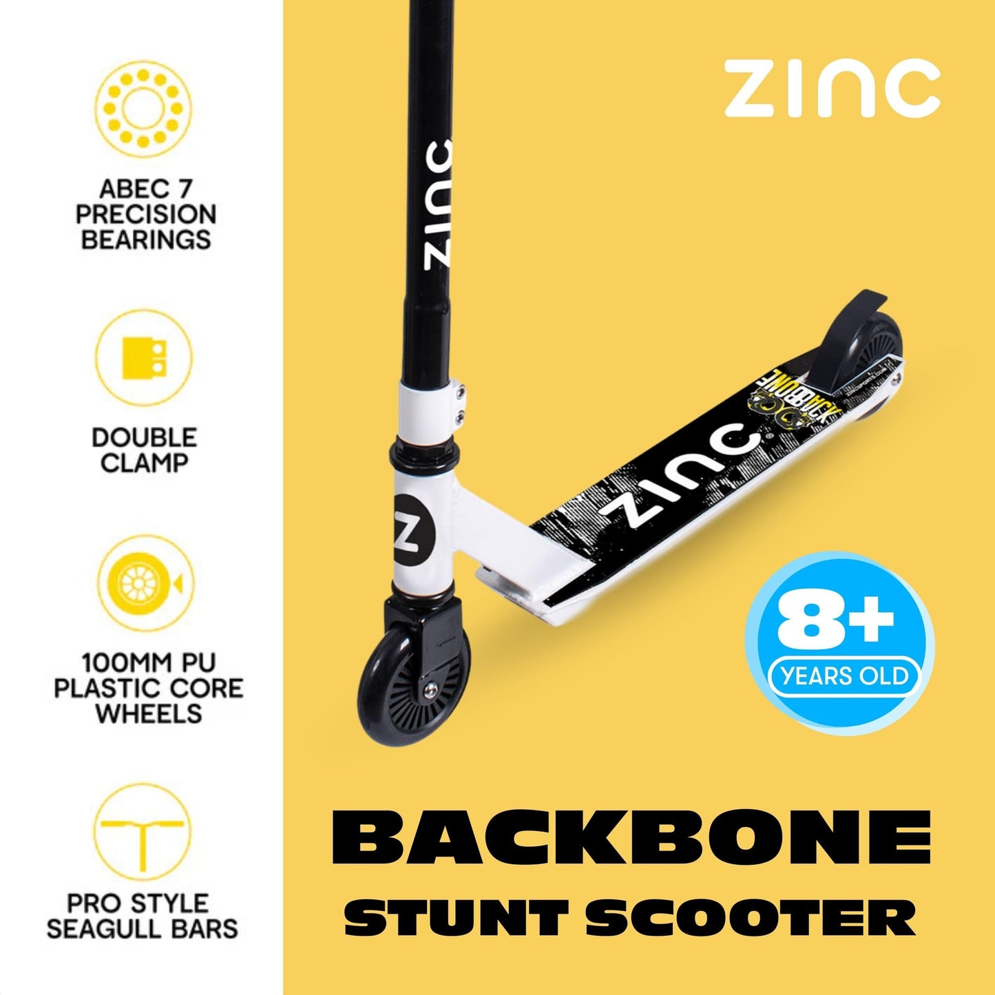 Zinc Backbone Stunt Scooter for Kids Ages 8+ – Lightweight Pro Scooter with 360° Handlebar Spin, Solid Steel Frame, Double Clamp, ABEC 7 Bearings, Rear Brake, Trick Scooters for Boys & Girls, White