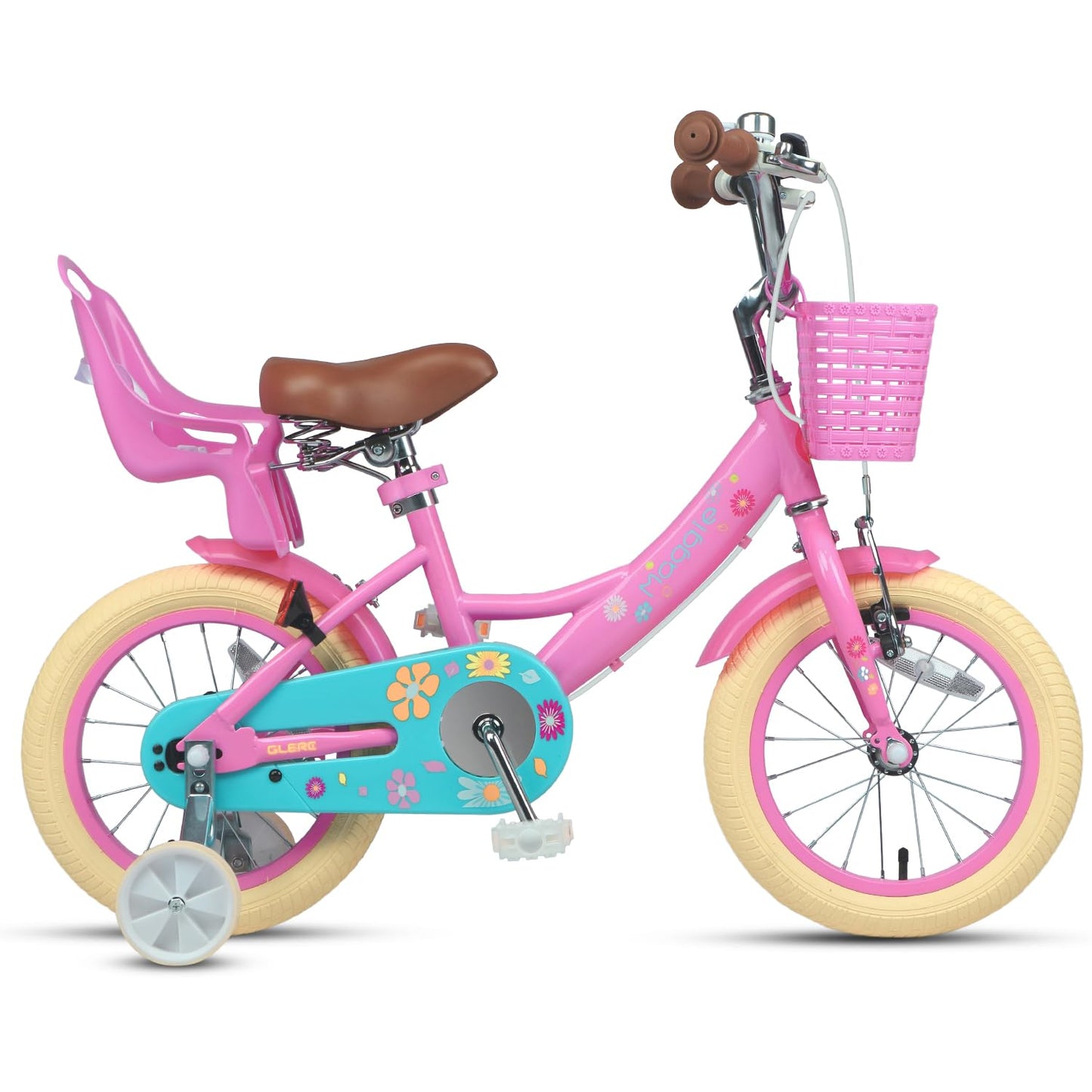 Glerc Maggie 14 Inch Kids Bike for 3 4 5 6 Years Old Little Girls Toddler Bicycles with ith Doll-Seat & Basket & Stabilisers for Gift, Pink