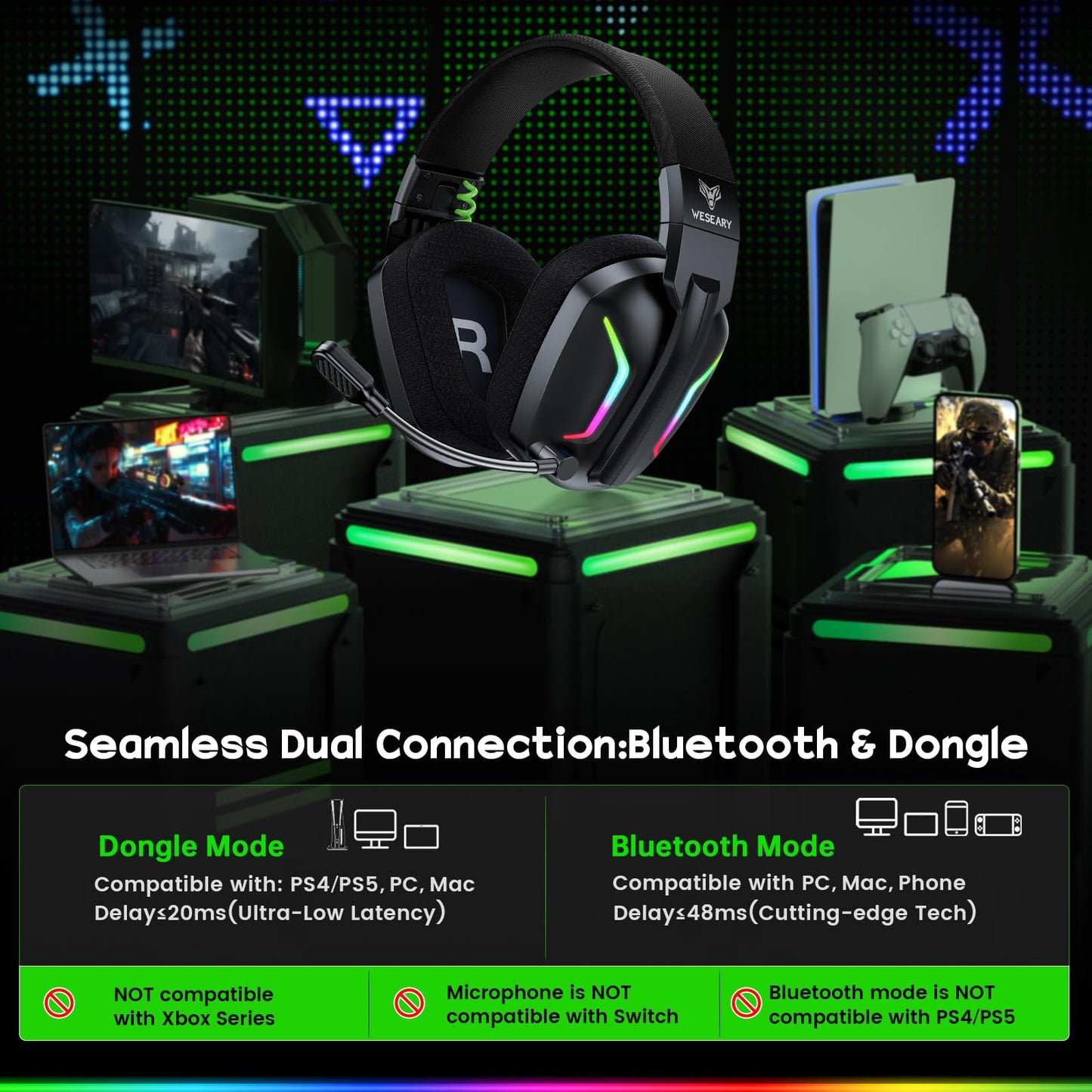 WESEARY wireless gaming headset for PS5, PC, PS4, Switch, and Mac with LED lights, 50mm drivers, microphone, and up to 50 hours playtime