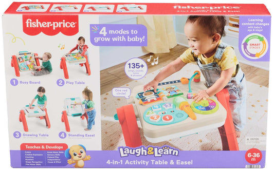 Fisher-Price Laugh & Learn 4-in-1 activity table and art easel with colorful toys and musical features for babies and toddlers.