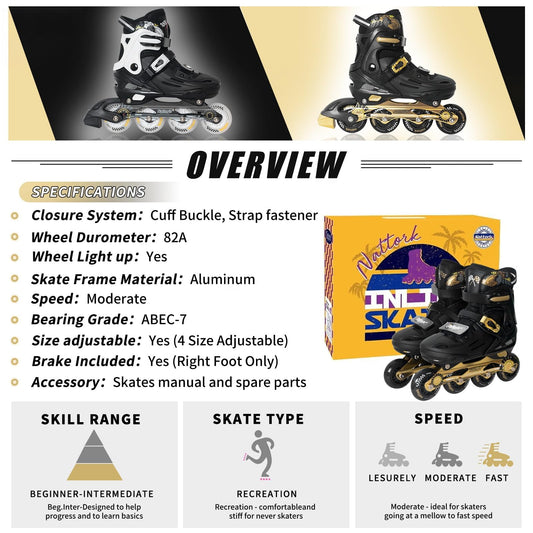 Nattork kids' adjustable black inline skates with light-up wheels and blades, suitable for boys and girls, large size, indoor and outdoor use.