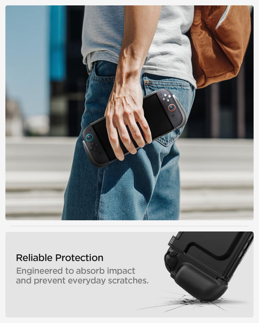 Spigen Ultra Hybrid protective case in frost black for Nintendo Switch 2, compatible with dock and detachable Joy-Con controllers.