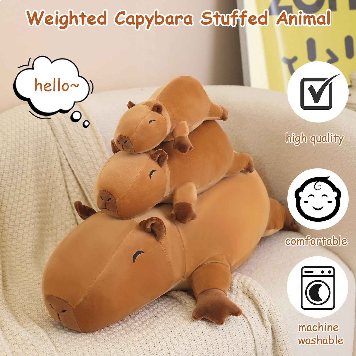 SQEQE Weighted Capybara Plush, Anxiety Relief Stuffed Animal, Soft Capybara Pillow Toy Gift for Kids & Adults, 25CM