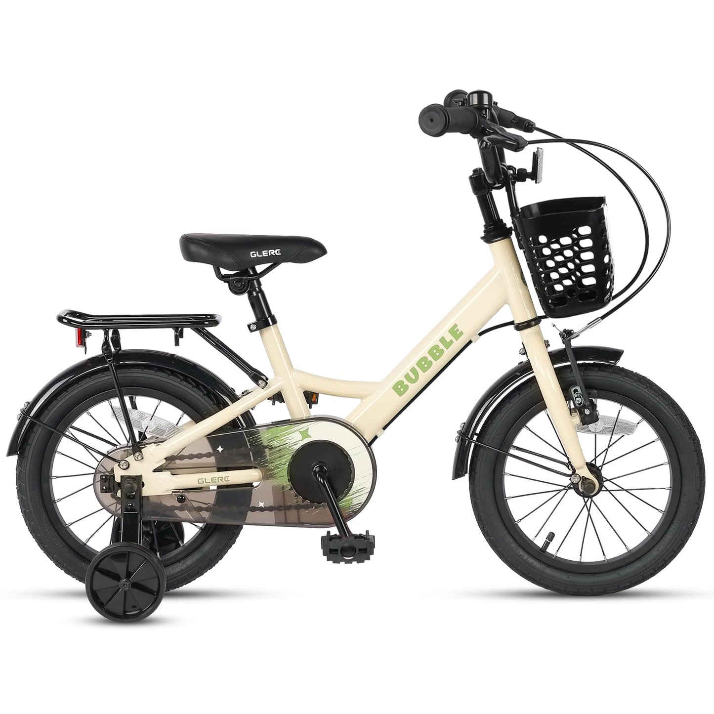 Beige Glerc Bubble 14-inch kids bike with basket, stabilizers, and rear rack for boys and girls ages 3 to 6.